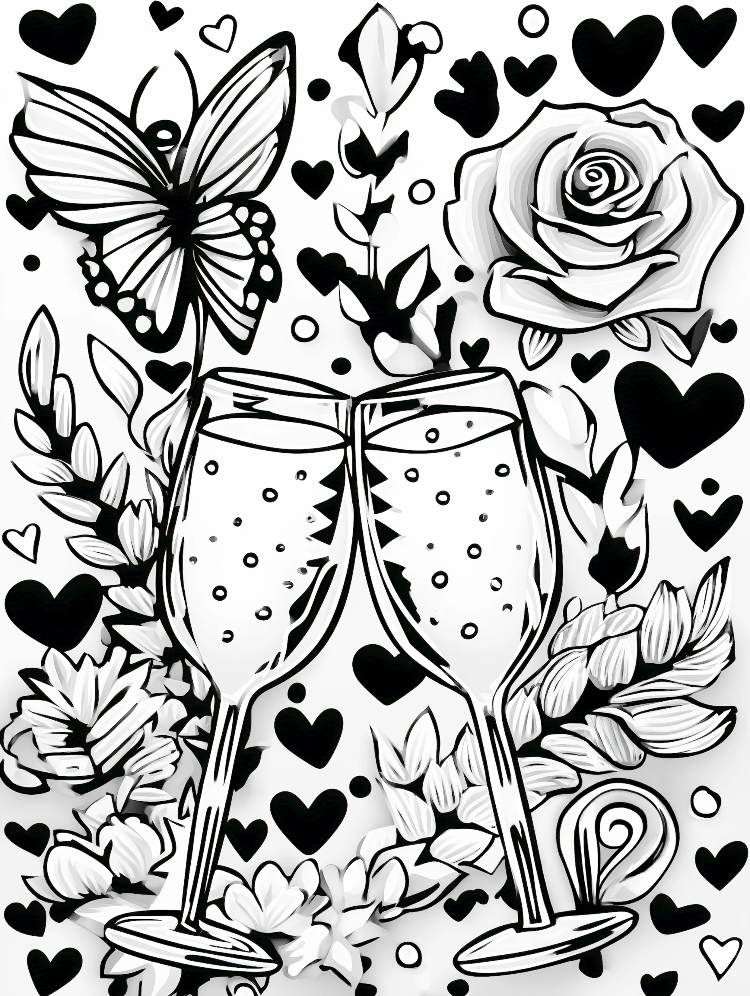 Free printable valentines coloring pages for adults featuring toasting champagne glasses for romance